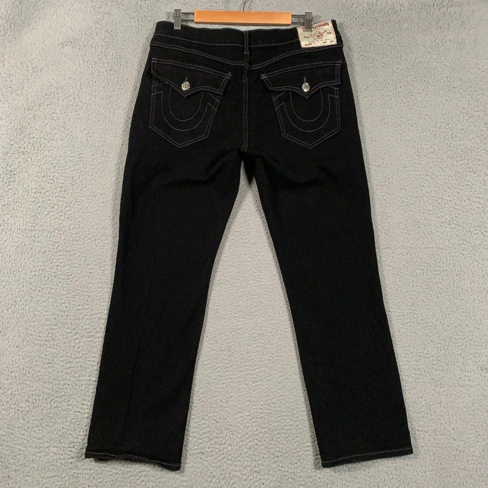 True Religion Ricky Flap Relaxed Straight Jeans Mens 34 Black Contrast Stitch 30